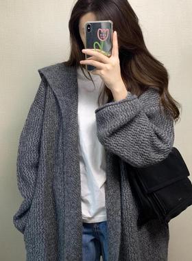 灰色中长款连帽毛衣外套女早秋季韩系气质宽松慵懒松弛感针织开衫