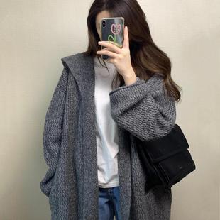 灰色中长款连帽毛衣外套女早秋季韩系气质宽松慵懒松弛感针织开衫