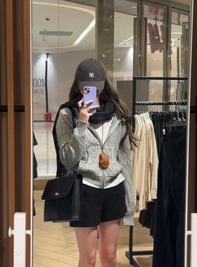 韩版灰色麻花拉链针织毛衣外套女春秋显瘦慵懒风软糯百搭开衫上衣