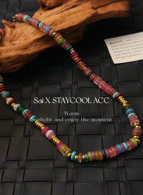 彩色串珠多巴胺配色项链女士复古锁骨链钛钢欧美欧度假风38+5cm