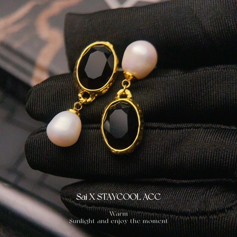 宫廷风AB款椭圆形黑宝石耳坠淡水珍珠耳环女士高级感复古法式