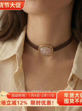 中古风vintage椭圆形坠棕色皮绳项圈女士锁骨链复古做旧天然石