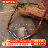 简约方形柱子手工串珠红纹石银色扣项链女士高级感设计42cm