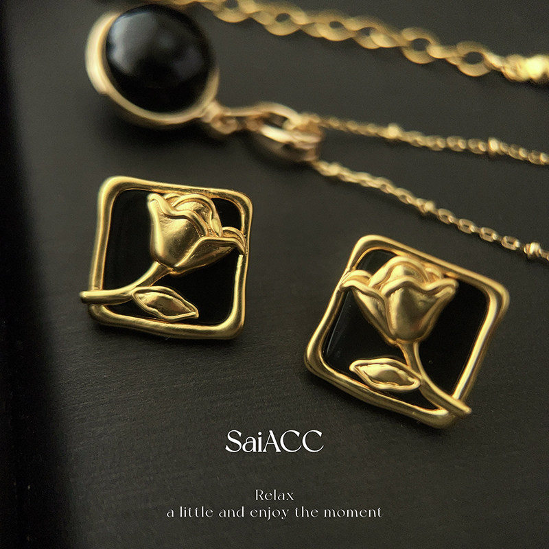 法式小香风中古s925银针金玫瑰花高级感黑玛瑙复古耳钉女士耳饰,饰品/流行首饰/时尚饰品新,耳钉,淘宝优惠券,粉丝福利购,淘宝优惠卷