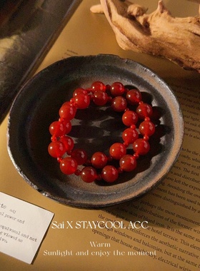 红玉髓玛瑙双圈手链女士起光冰透手串新中式国风复古