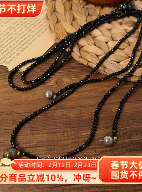 欧美复古风ins人工水晶3mm黑色琉璃长款女士项链多项圈叠戴134cm