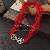 山茶花钻扣十层红色猫眼石项链女士复古新年红锁骨链毛衣链42cm