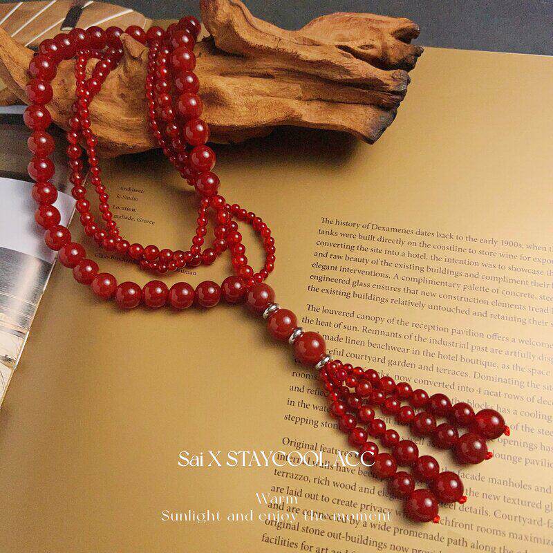 红玛瑙流苏串珠项链女士长款时髦精波嬉度假风毛衣链