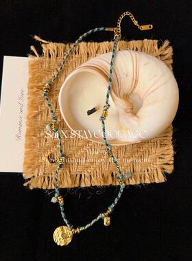 复古度假风彩色编织棉绳女士项链高级感波西米亚钛钢锁骨链