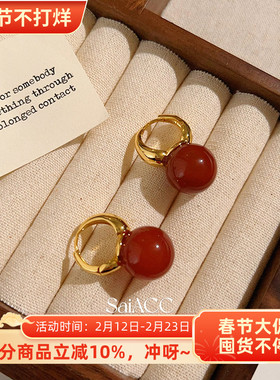 14mm法式复古红玛瑙宝石耳环女士金色耳扣女轻奢高级感