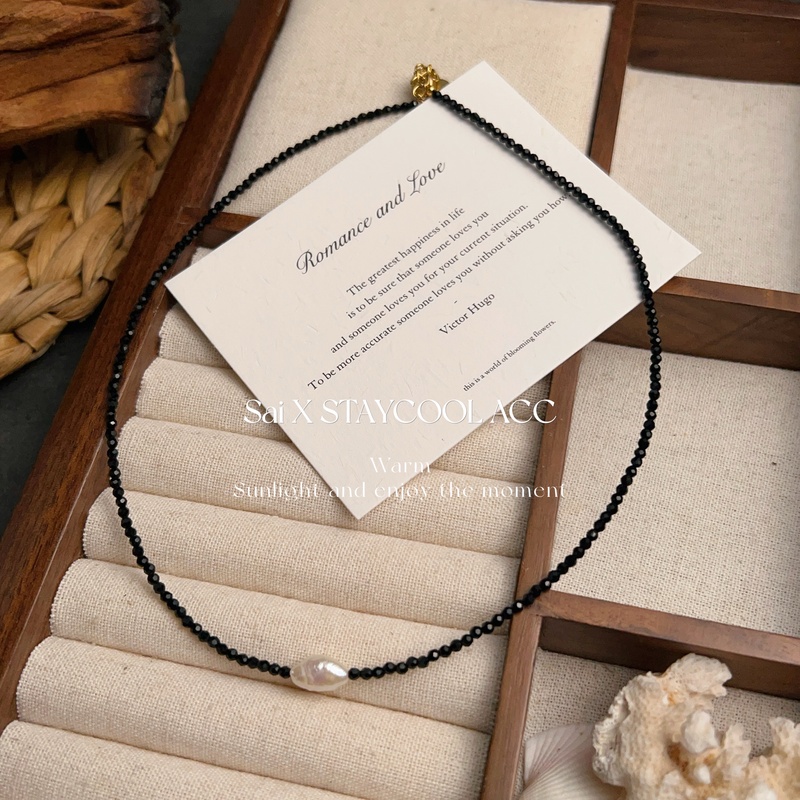 短款天然淡水巴洛克珍珠黑尖晶锁骨链女士项链高级感复古北欧风