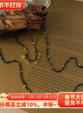 法式复古手工石串珠小米珠项链女士长款毛衣链复古波嬉风