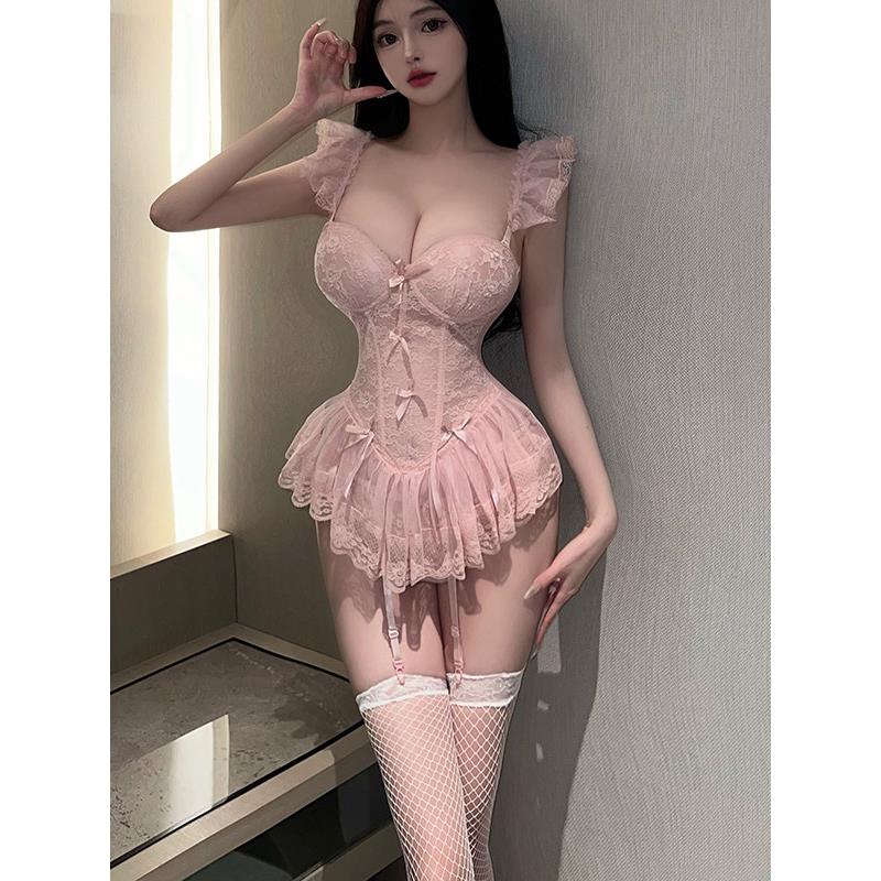 2025性感覆古洋气辣妹纯欲风蕾丝带胸垫钢圈收腰裹胸吊带连衣裙子