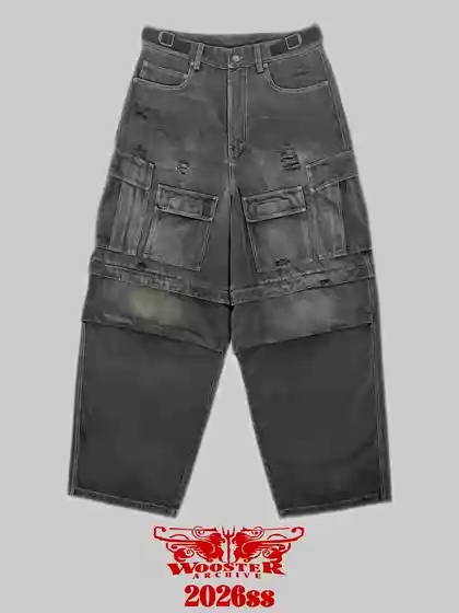 Woosterarchive26Ss Washed and Distressed Detachable Smoke Gray Two-In-One Work Pants