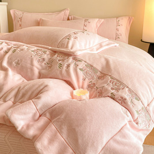 床盖款A类全消光刺绣牛奶绒床上四件套冬天加厚珊瑚绒被套床单1.8