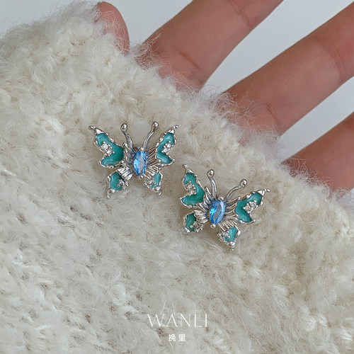 蓝色蝴蝶耳钉甜酷小众清冷高级