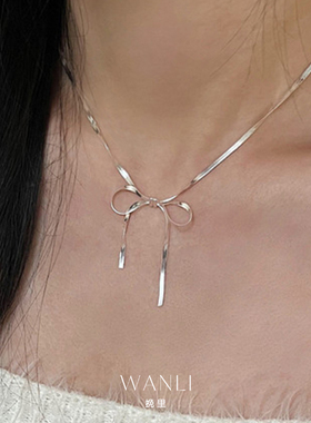 S925纯银刀片链蝴蝶结项链女温柔