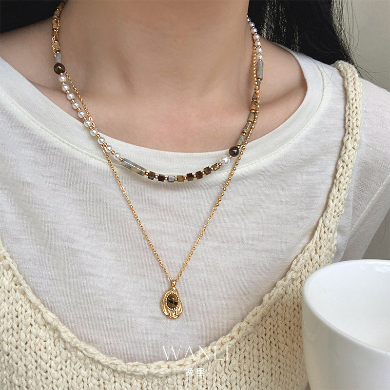 挽里虎眼石吊坠串珠双层项链女配饰高级感日常百搭配裙子饰品轻奢