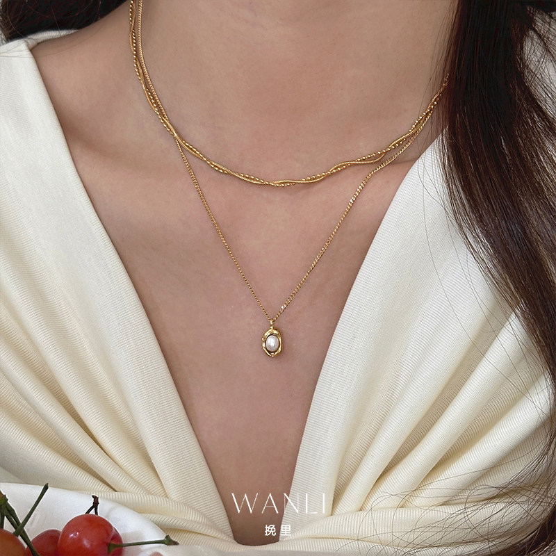 挽里金色双层锁骨链豌豆珍珠项链女款百搭通勤夏天配裙子日常简约
