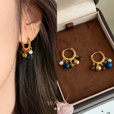 挽里撞色虎眼石珍珠耳钉耳环女款