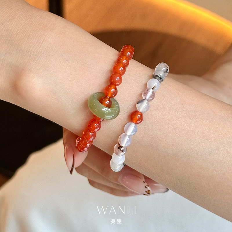 虎白水草红玛瑙叠戴轻奢手链女款