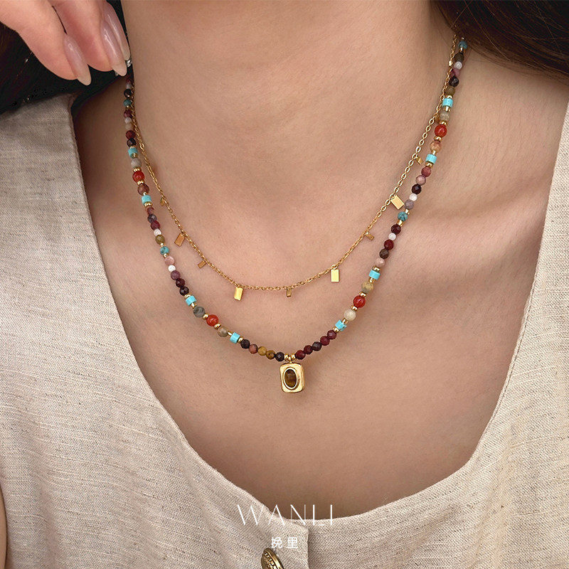 彩色天然石吊坠项链锁骨链叠戴女款高级感精致夏天2026新款配裙子