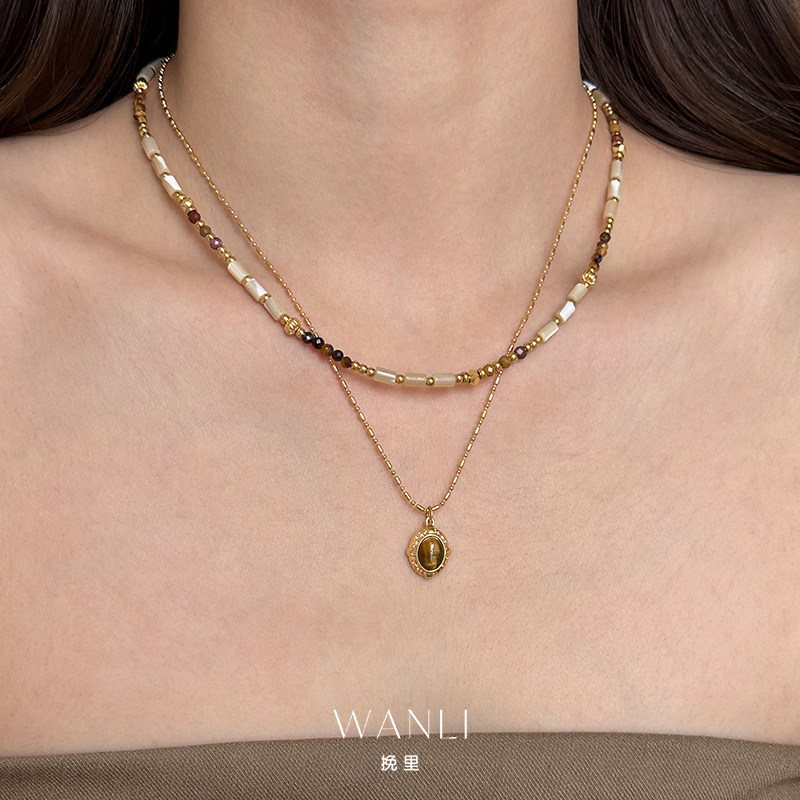 天然石虎眼石吊坠项链锁骨链女款叠戴复古设计感高级感小众精致感