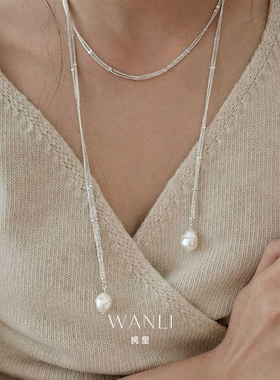挽里银色丝带珍珠项链韩国巨好看