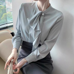 职业装内搭办公室lady强推一粒扣珍珠飘带衬衫女工作服上衣成熟风