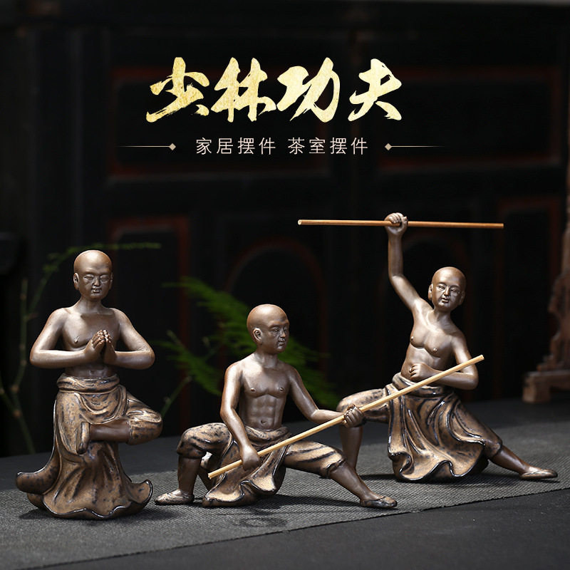 紫砂茶宠少林功夫小和尚摆件客厅书房玄关白瓷小沙弥装饰桌面摆设