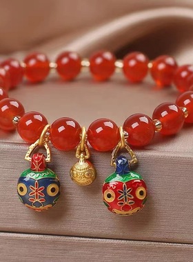 民族风烧蓝吞金兽吊坠手链女一家三口蛇转运珠红玛瑙手串礼物手环