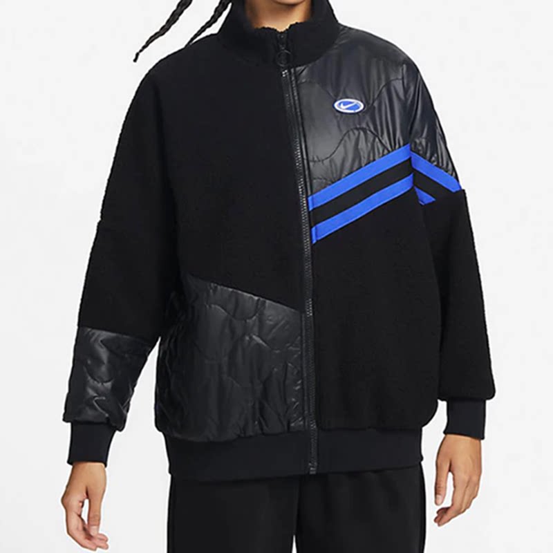 Nike耐克女子拼接条纹经典logo加绒防风防寒保暖夹克FB1821-010