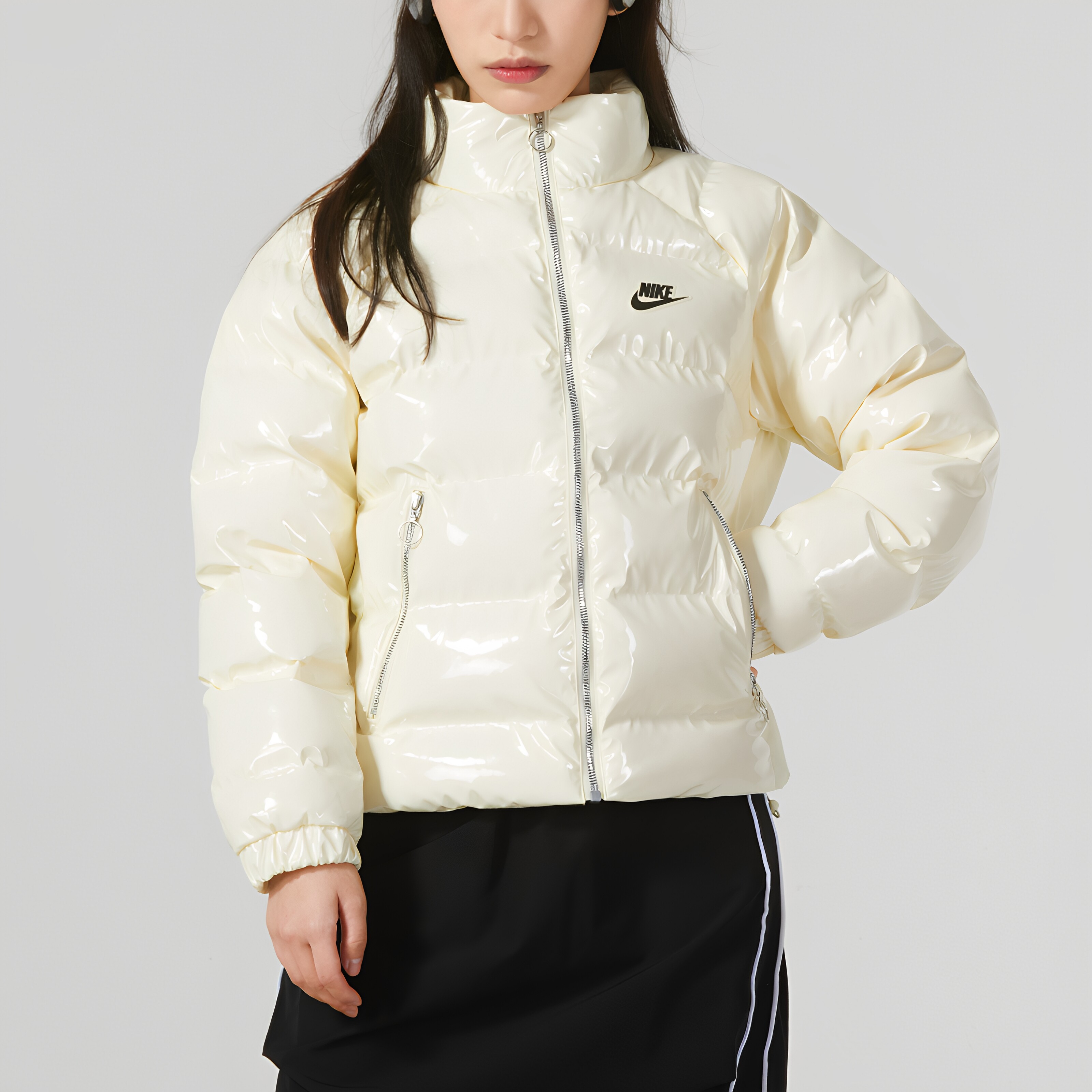 Nike耐克正品加厚款保暖漆皮短款长袖运动休闲外套棉服FQ3575-113