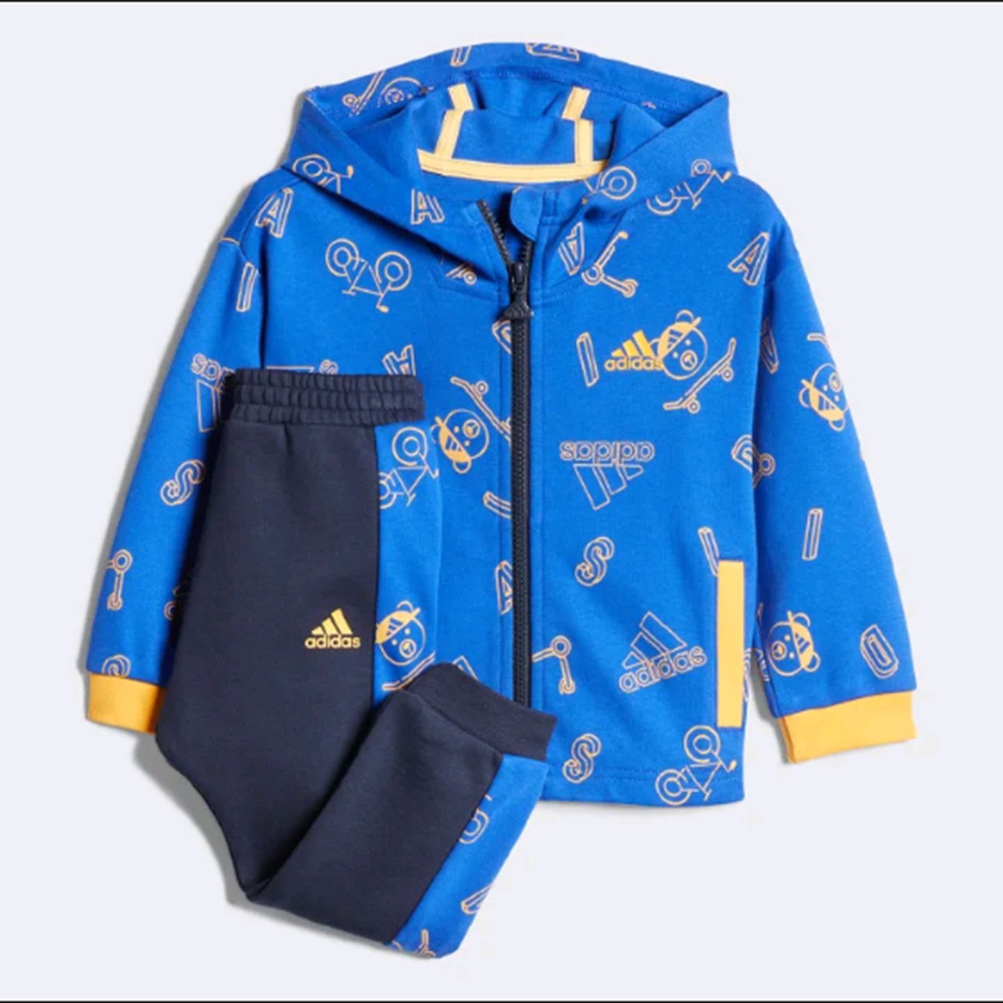 Adidas阿迪达斯儿童连帽拉链复古蓝黑简约男童运动休闲套装H38369