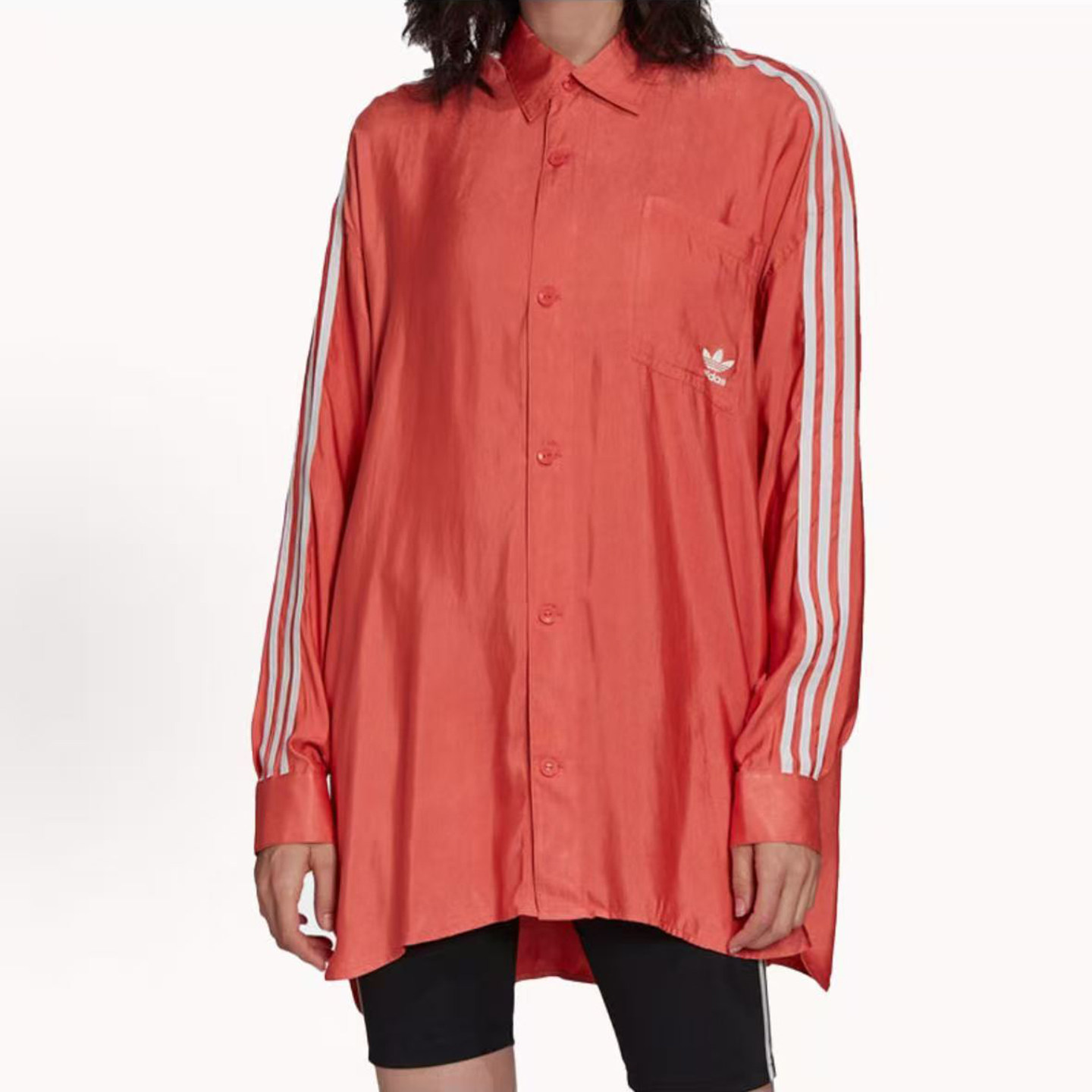 L码Adidas阿迪达斯女子条纹舒适透气休闲长款衬衫FM2634