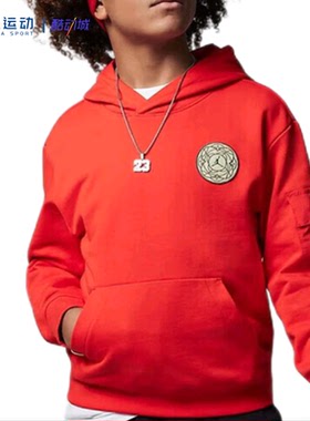 NIKE/耐克纯红色圆领套头衫连帽毛圈喜庆卫衣儿童FJ9648-600