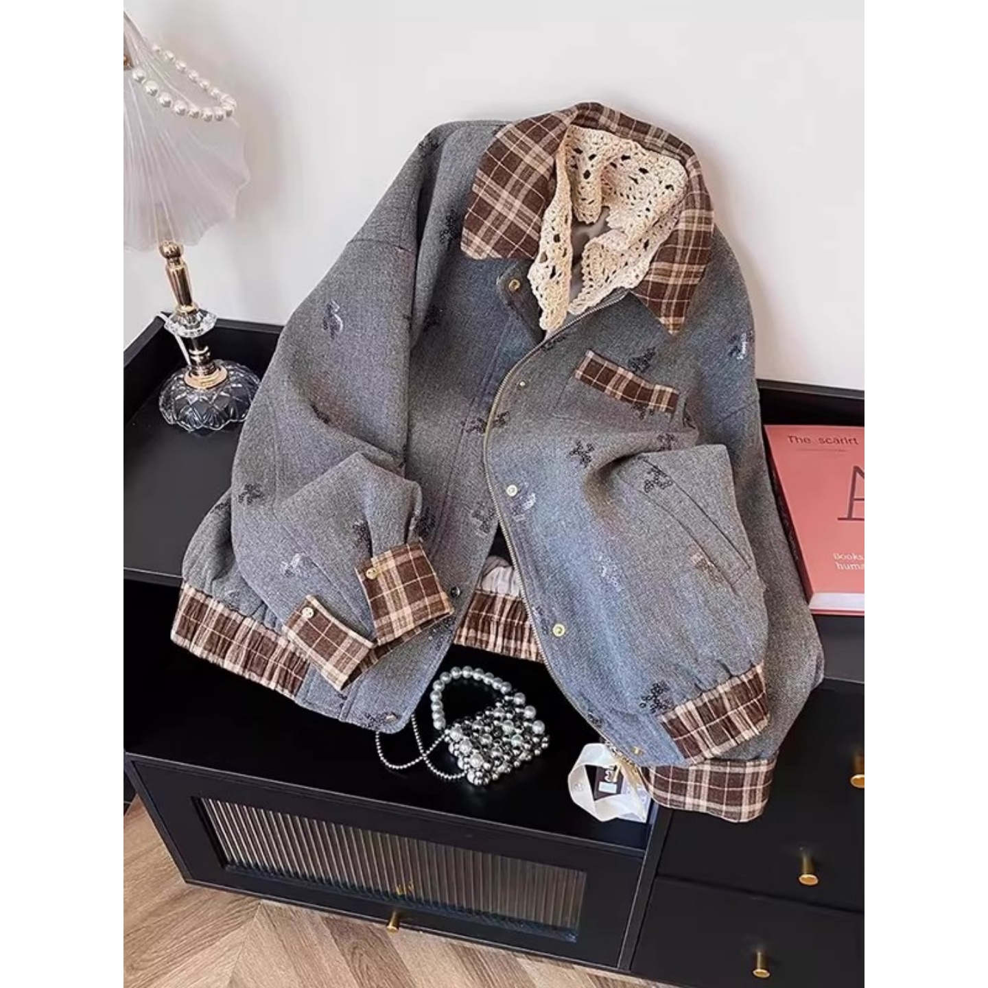 2025新款美式复古设计感拼接领外套女冬格子拼接宽松港风夹克上衣