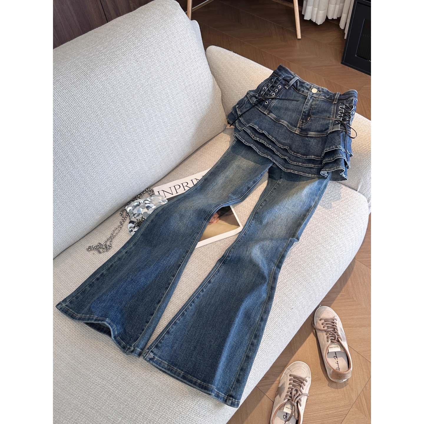 小众设计感绑带高腰屁帘牛仔裤女