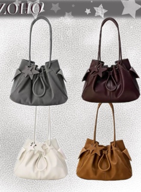 XIZOHO复古荔枝纹抽绳水桶包软皮大容量通勤腋下包小众手提单肩包