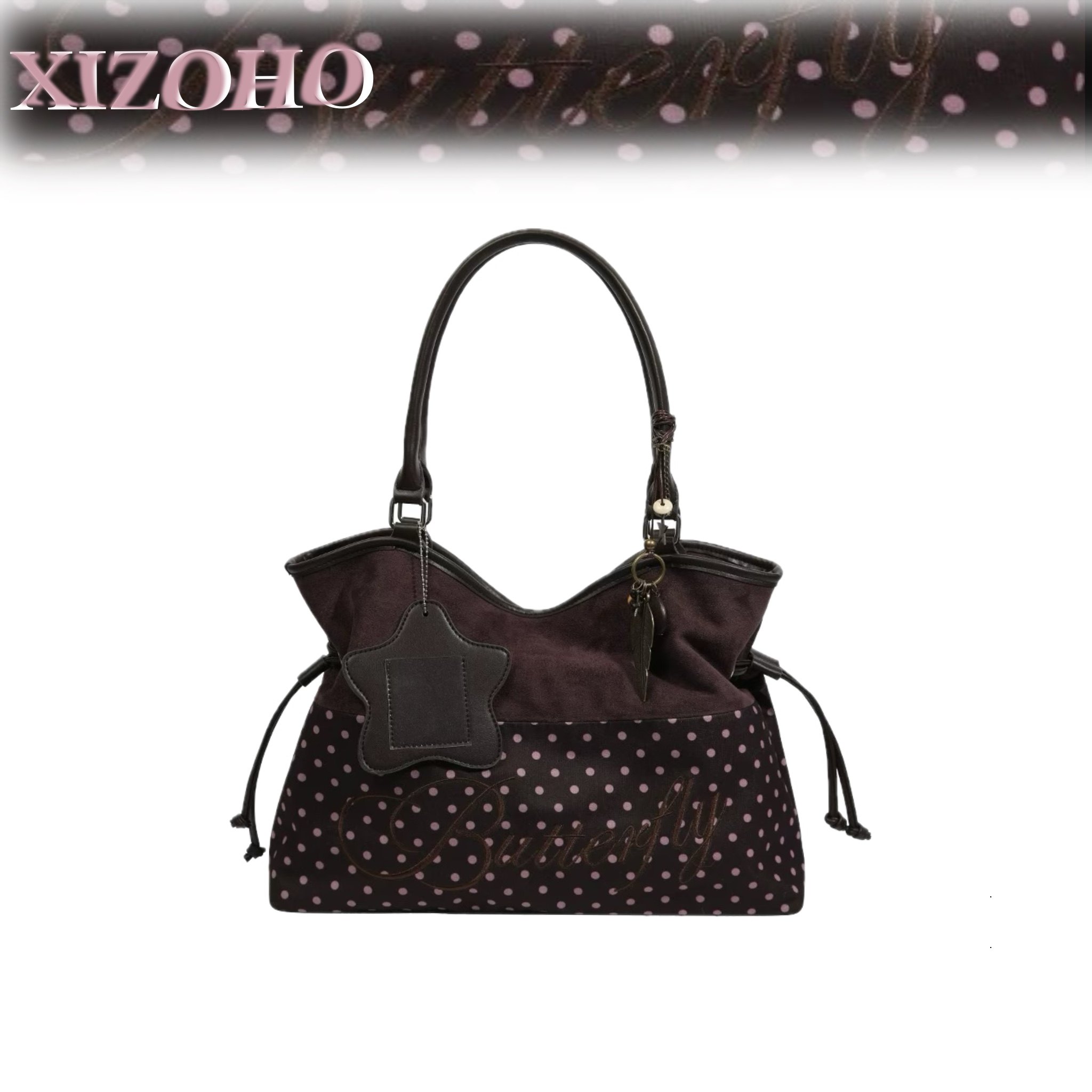 XIZOHO秋冬新品麂皮绒面拼接波点抽绳大容量刺绣通勤单肩托特包女,箱包皮具/热销女包/男包,通用款女包,淘宝优惠券,粉丝福利购,淘宝优惠卷