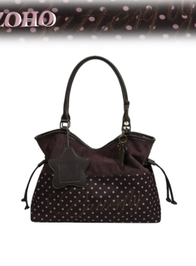 XIZOHO秋冬新品麂皮绒面拼接波点抽绳大容量刺绣通勤单肩托特包女