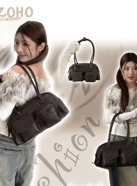 XIZOHO美式复古风保龄球包女多口袋手提单肩包小众辣妹新款腋下包