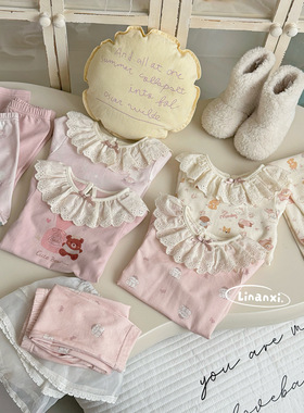 86011女童家居服套装2026早春新款女宝睡衣套装花边甜美纯棉a类