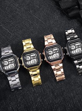 外贸男士手表时尚LED夜光成人学生手表方形钢带运动电子表批发