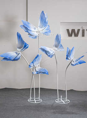 巨型蓝色蝴蝶纸艺花立杆摆件大型纸花装饰橱窗婚礼店铺春季手工