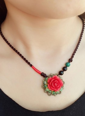 复古民族风红色花朵项链