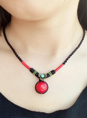 民族风红色贝珠短款锁骨链项链
