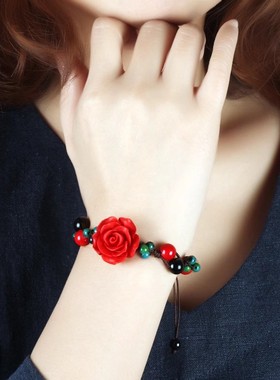 民族风红色花朵手链新娘配饰
