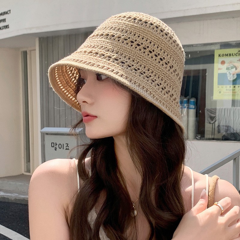 女夏季日系韩版显脸小遮阳镂空编织水桶草帽渔夫帽户外旅游