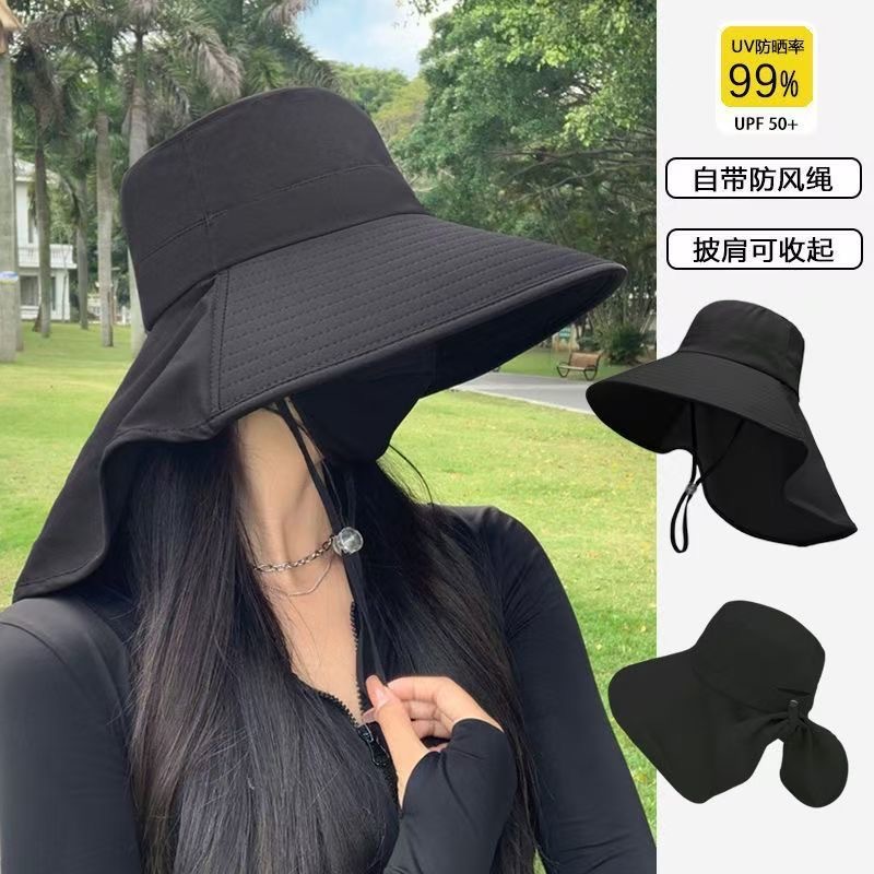 女士夏季大檐遮阳防晒渔夫帽护颈户外沙滩不遮脸轻便透气时尚